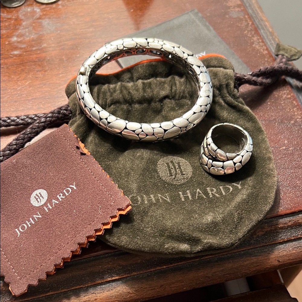 John Hardy pebble sterling silver bracelet and ring set.